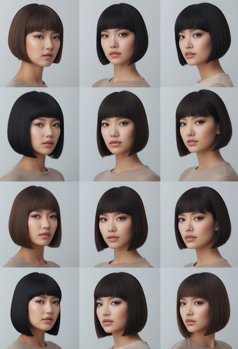 A group of women with round faces showing different short blunt bob hairstyles in a bright studio setting.