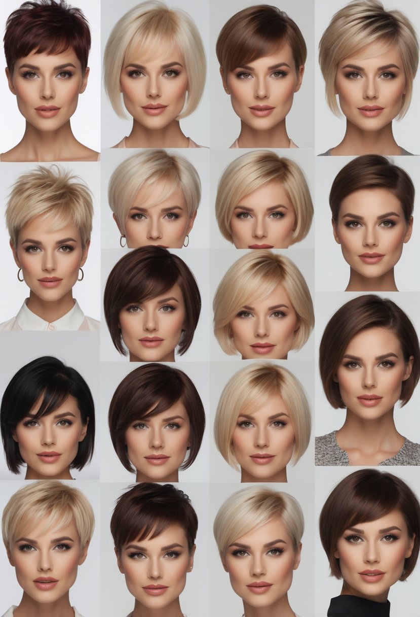 A group of women with round faces displaying various short haircuts in a studio setting.