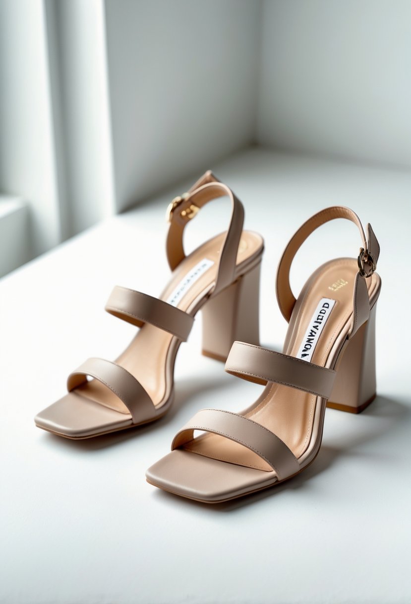 A pair of elegant block heel sandals displayed on a white background.