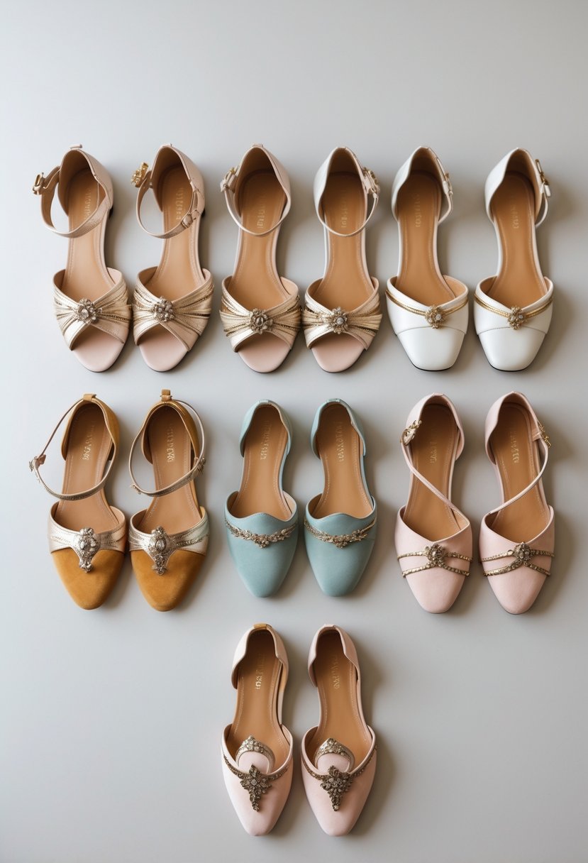 Seven pairs of women's flat sandals arranged neatly on a plain background.