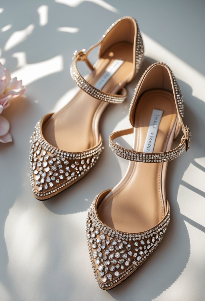 A pair of rhinestone-embellished flat sandals displayed on a neutral background.