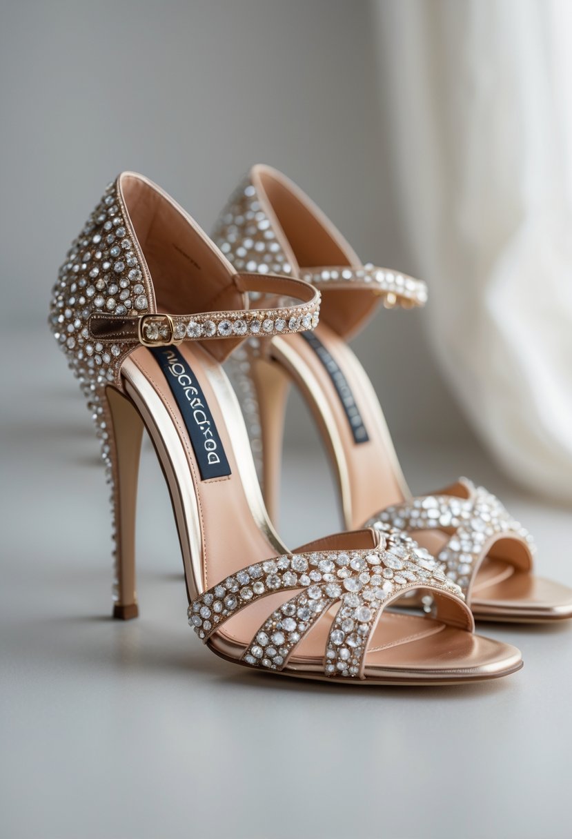 A pair of embellished high heel sandals displayed on a neutral background.