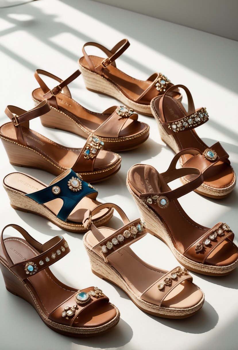 Eight jeweled leather wedge sandals arranged on a neutral background.
