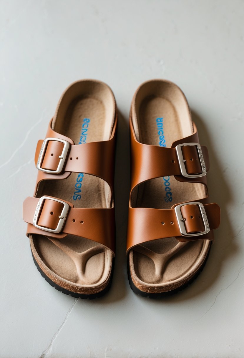 A pair of tan Birkenstock Arizona sandals with two adjustable straps, displayed on a plain background.