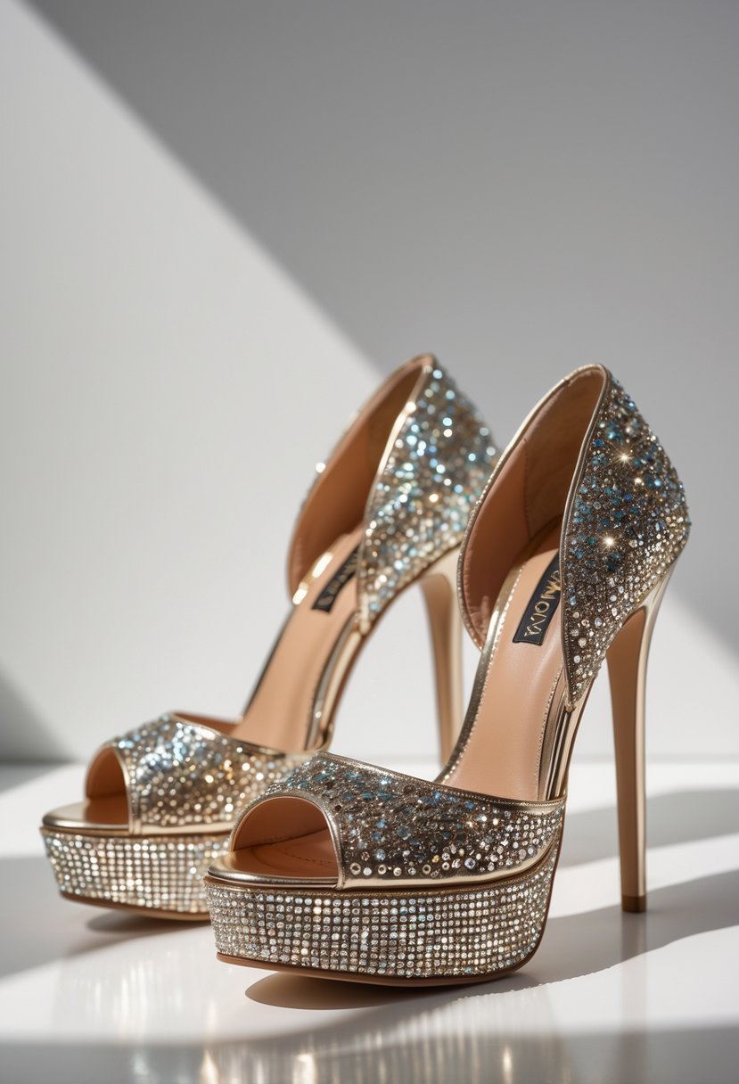 A pair of sparkly platform dress sandals with high heels on a neutral background.