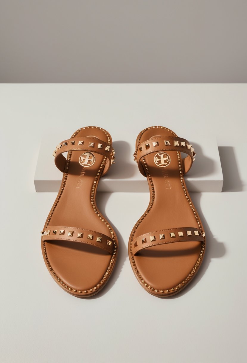 A pair of flat studded sandals displayed on a neutral background.