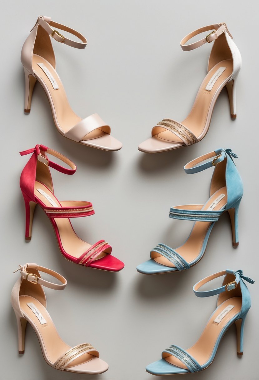 Eight pairs of elegant strappy high-heeled sandals displayed on a neutral surface.
