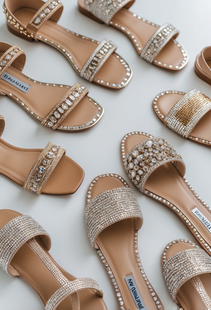 Seven pairs of flat sandals decorated with rhinestones arranged on a white surface.