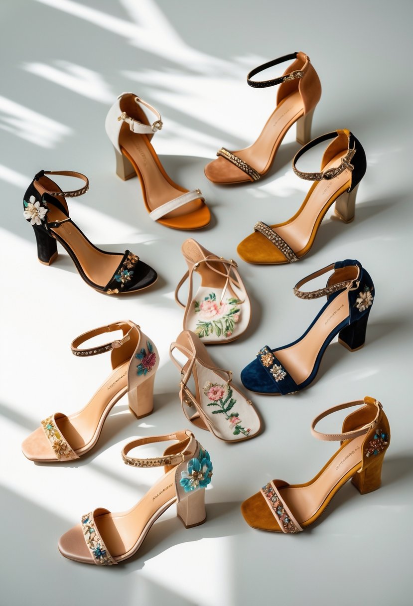 Eight handmade fancy heel sandals arranged neatly on a plain background.