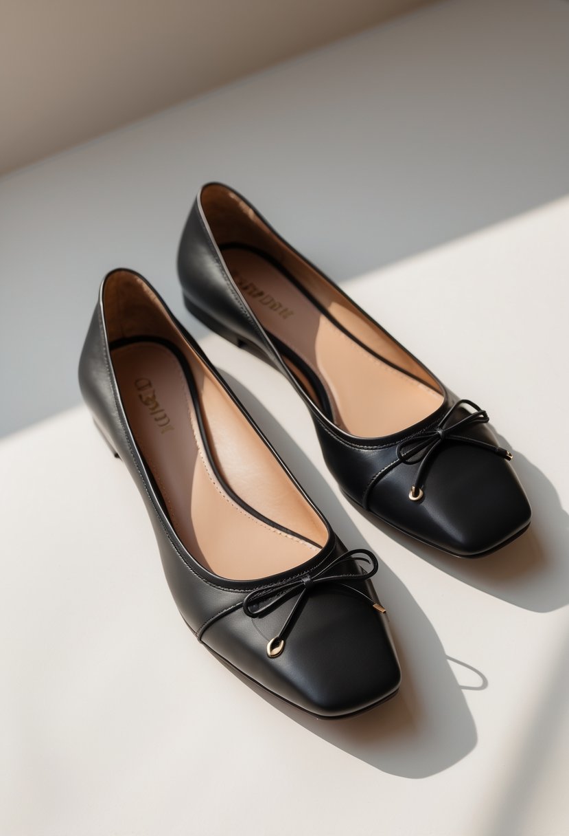 A pair of elegant designer leather flats displayed on a neutral background.