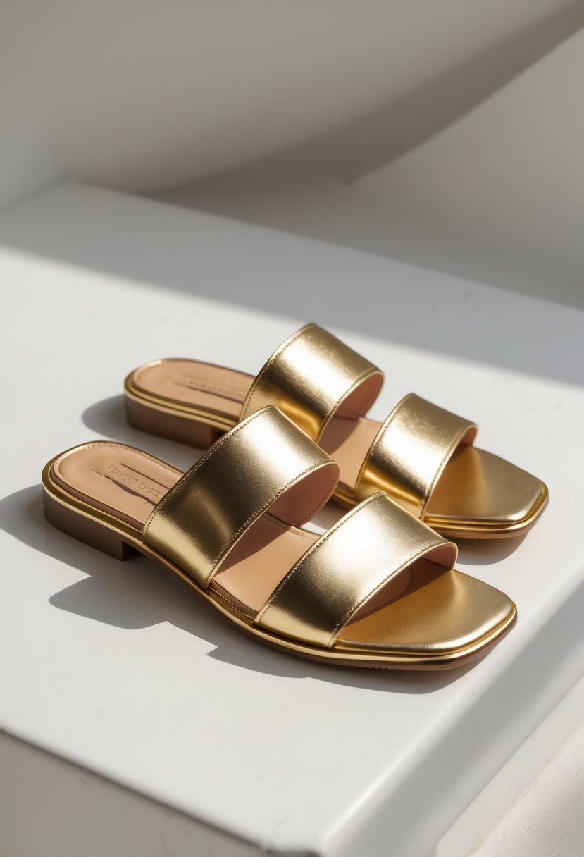 A pair of metallic gold slide sandals on a neutral background.