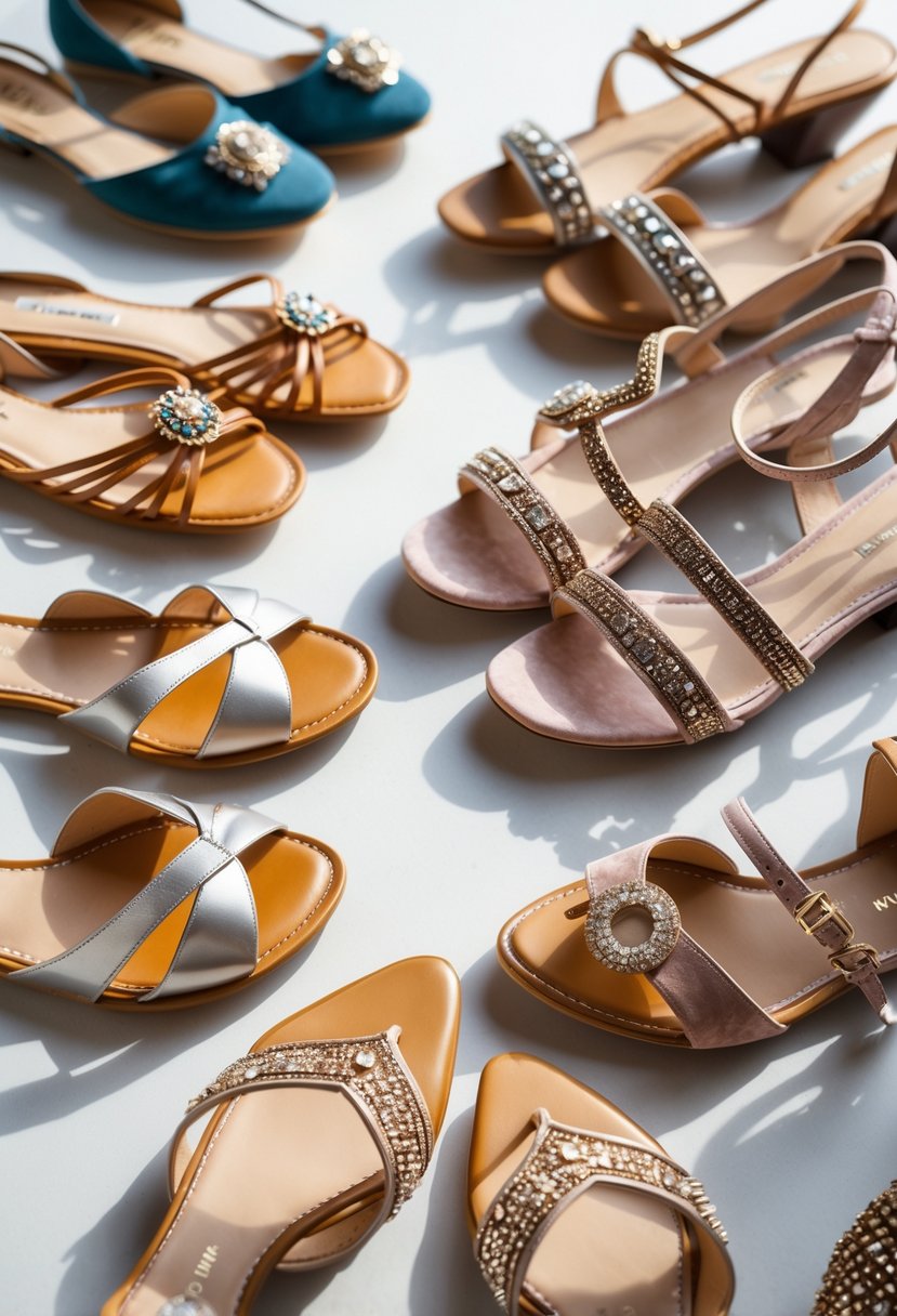 Seven pairs of women's sandals flats arranged neatly on a plain background.