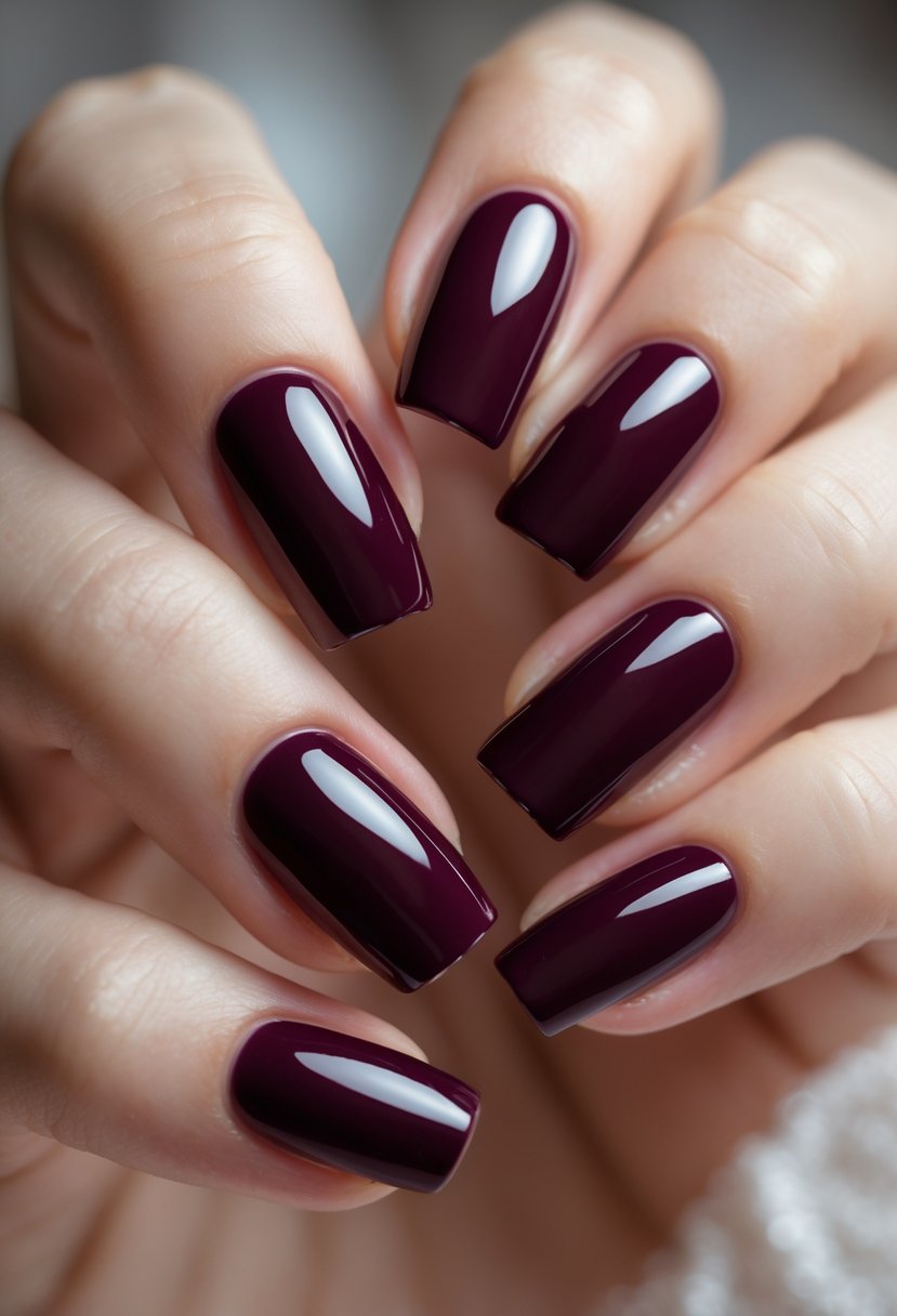 Close-up of seven neatly manicured fingernails painted in glossy burgundy polish.