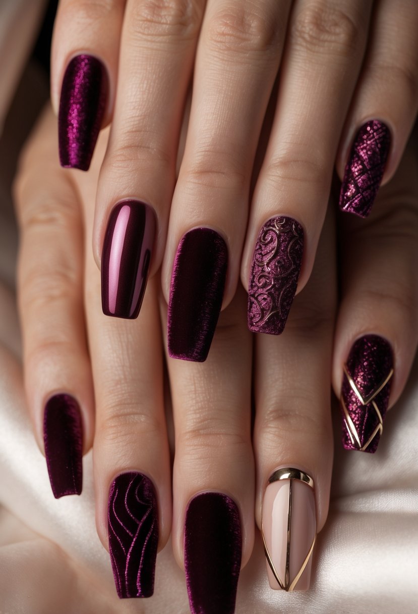 Close-up of a woman's hands displaying seven burgundy velvet textured nail designs.