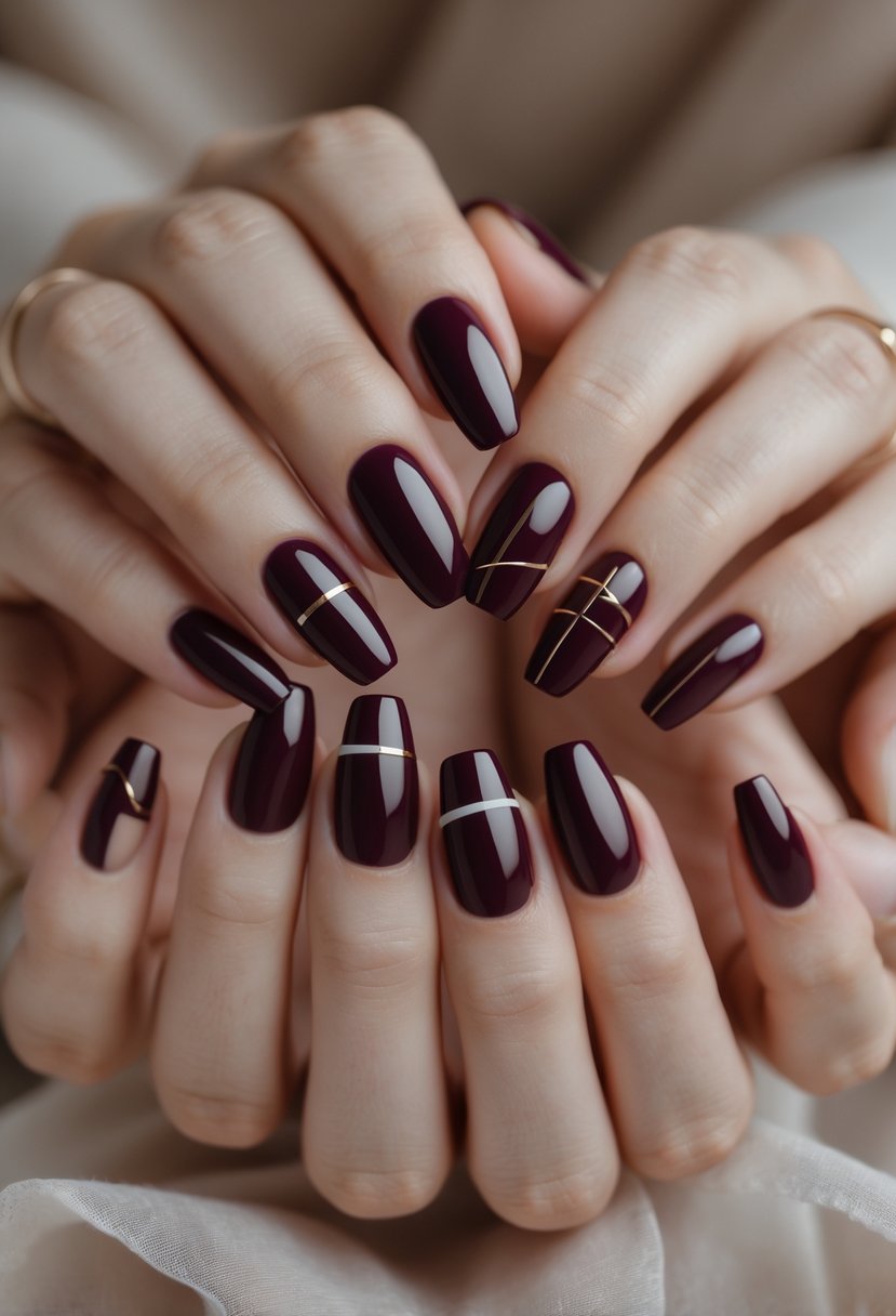 Close-up of hands with seven burgundy nails featuring minimalist line designs on a neutral background.