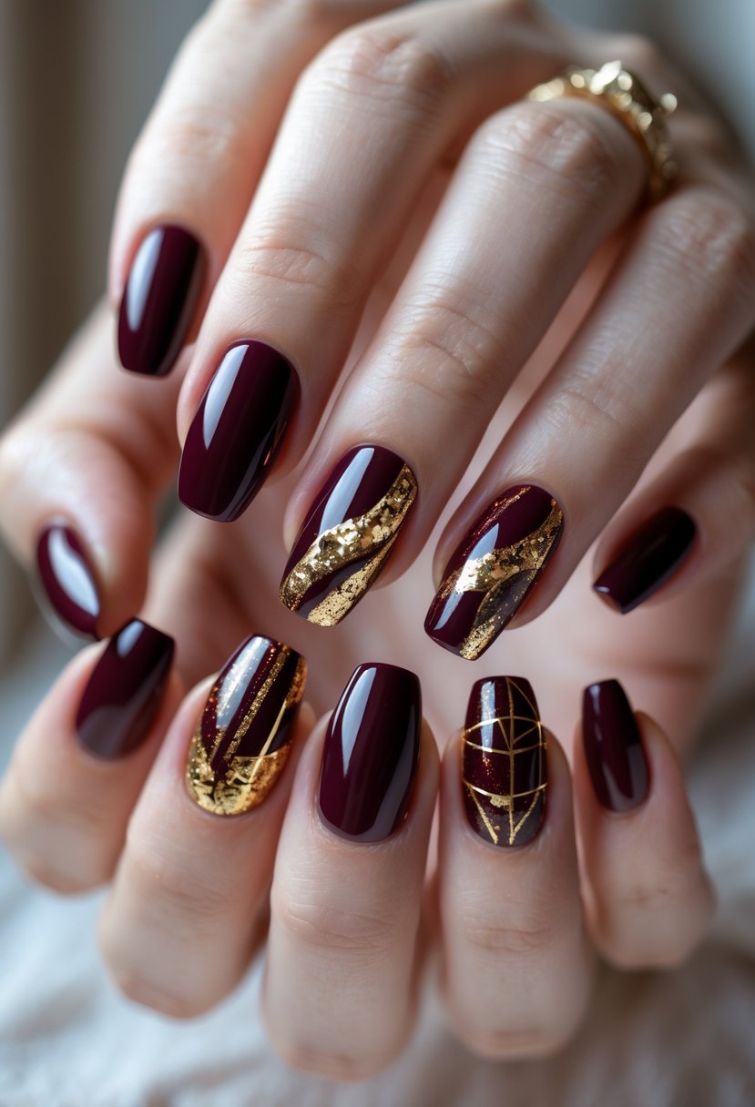 A close-up of a hand showing five nails painted with burgundy and gold designs.