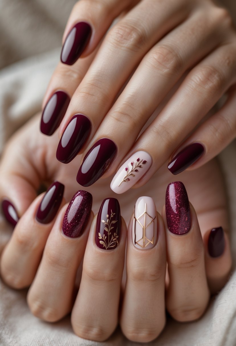 Close-up of a woman's hands displaying seven different burgundy nail designs on each finger.