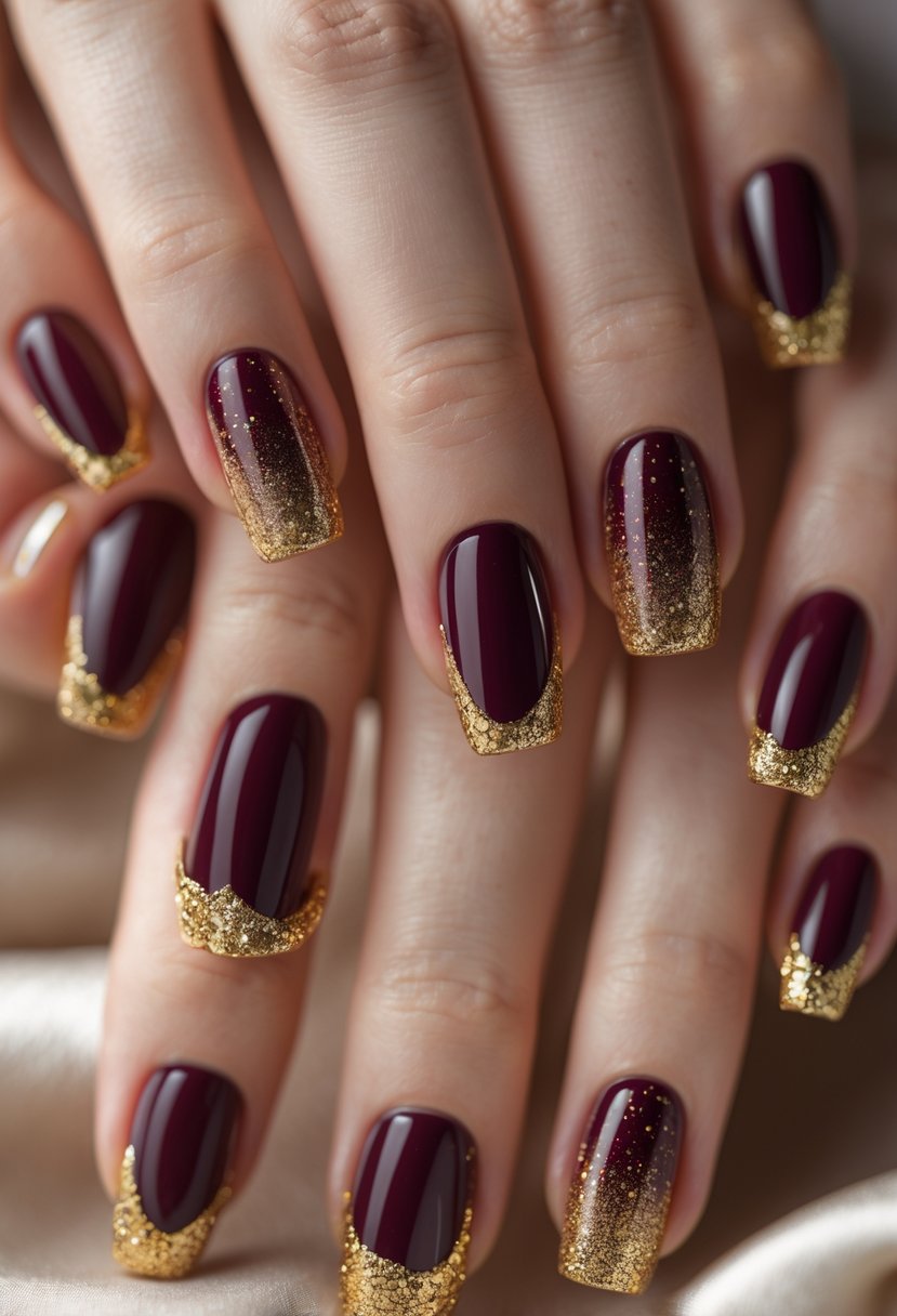 Close-up of five well-manicured fingernails painted burgundy with gold glitter tips, arranged to display different glitter patterns on each nail.