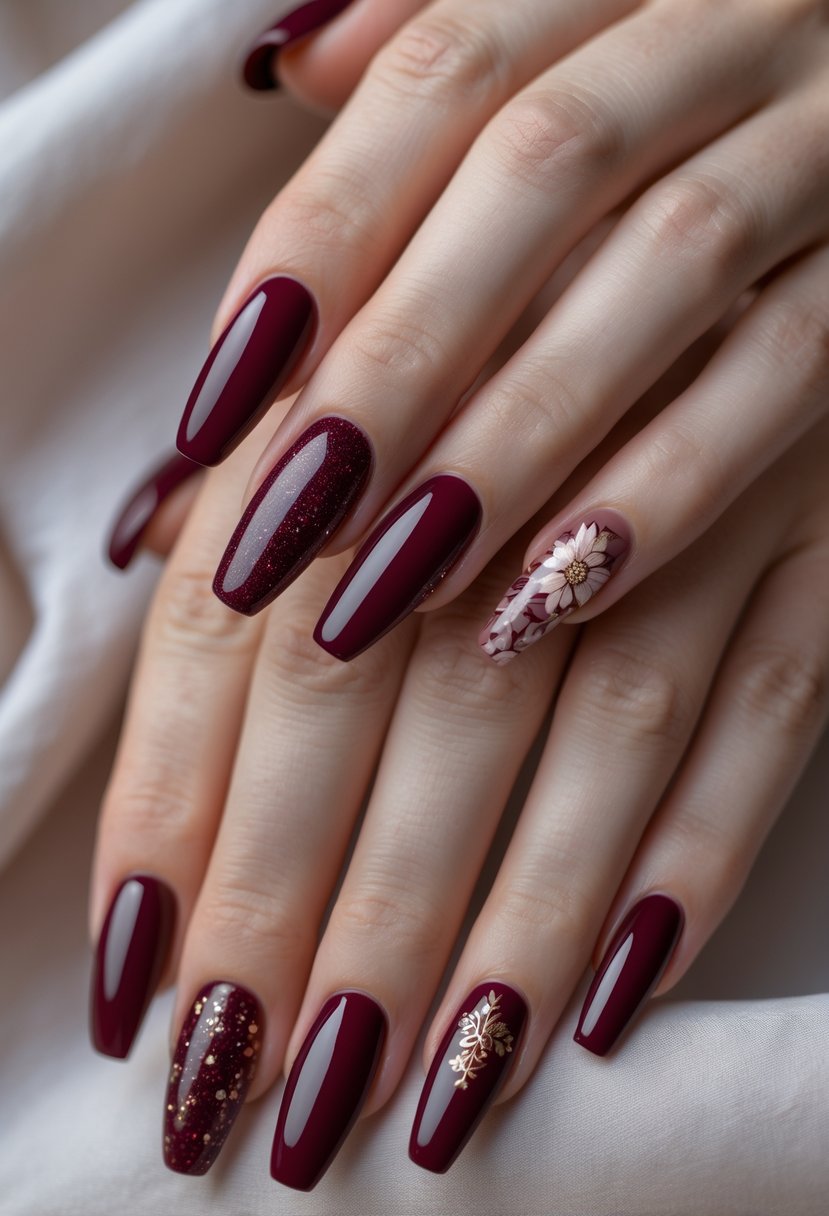 Seven well-manicured hands displaying different burgundy nail designs on a neutral background.
