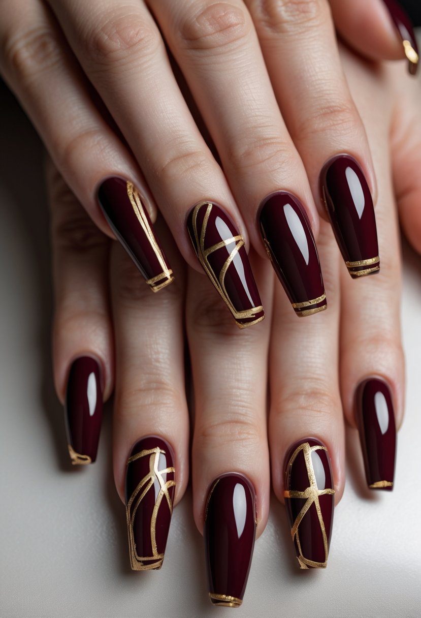 Close-up of five hands with burgundy coffin-shaped nails decorated with abstract gold lines.