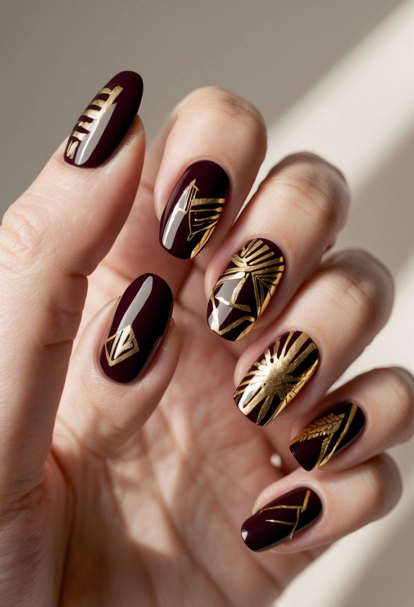 Close-up of five fingernails painted deep burgundy with gold foil designs on a neutral background.