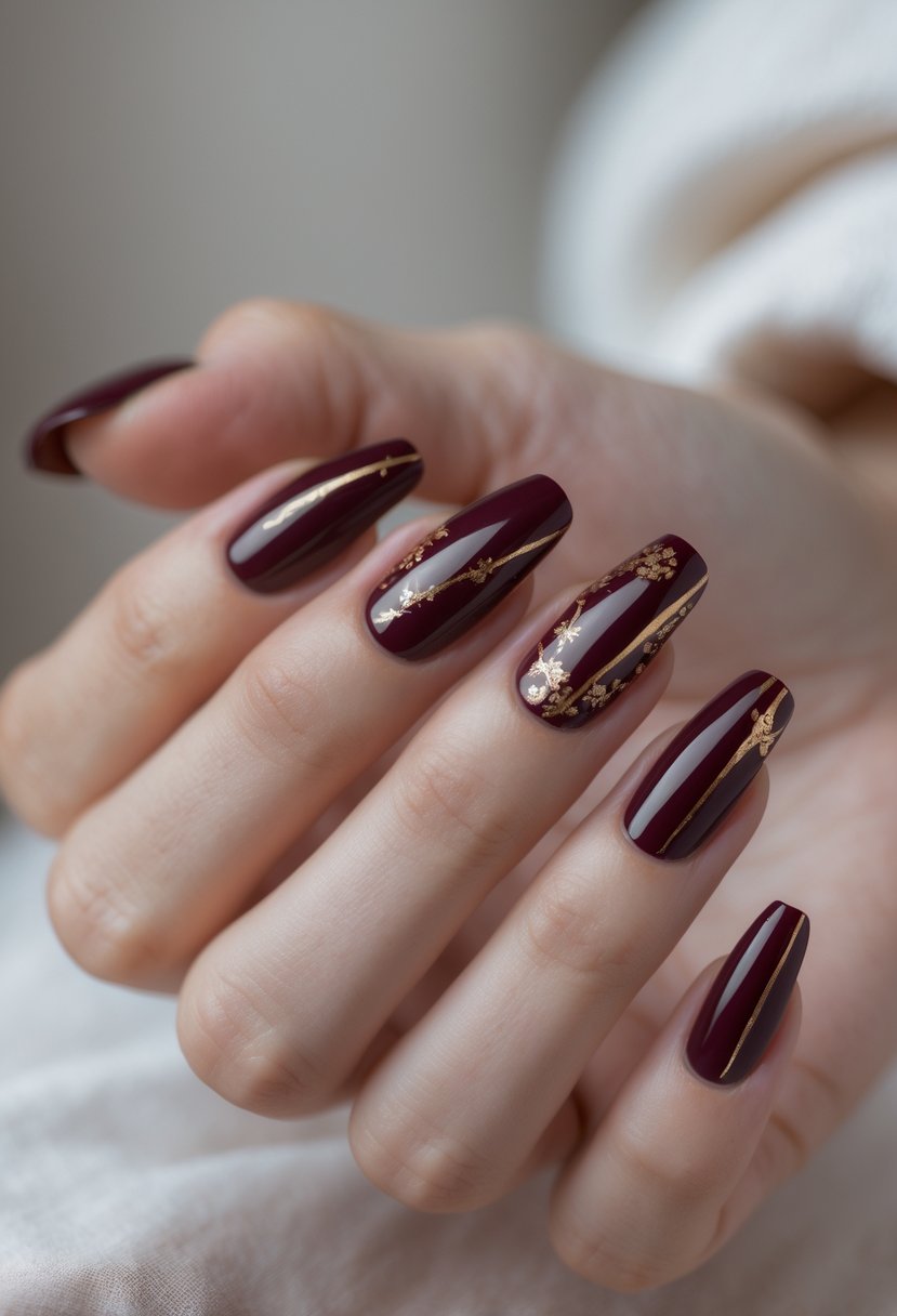 Close-up of a hand showing five fingernails with burgundy ombre and subtle gold accents.