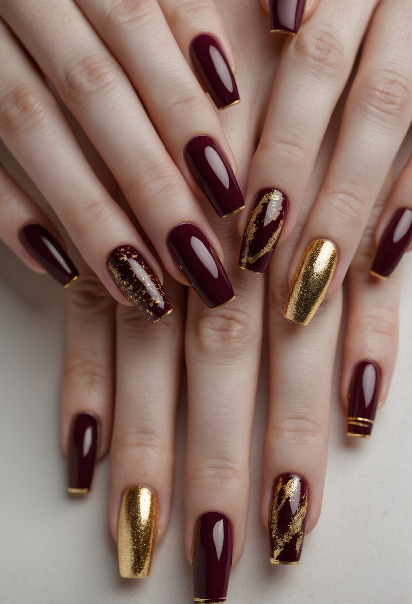 Five hands showing different burgundy and gold nail polish designs on a neutral background.