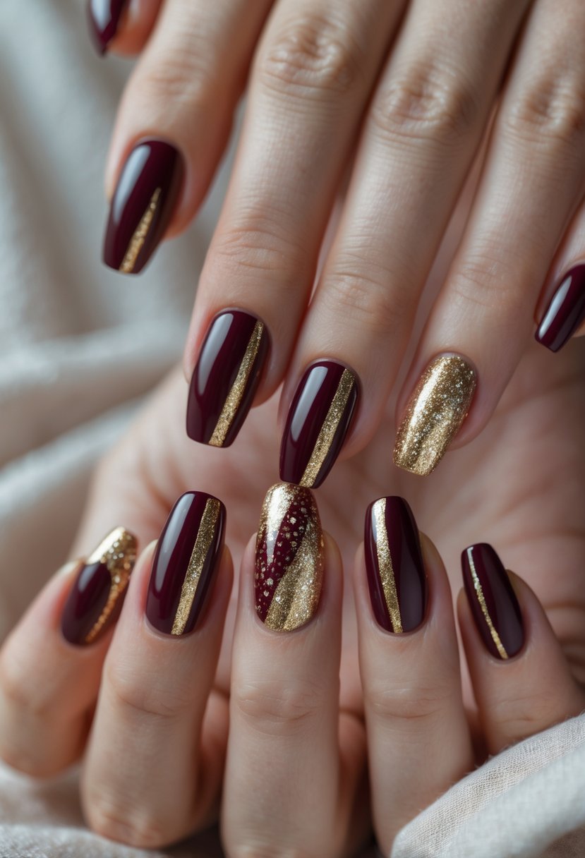 Close-up of hands displaying five different burgundy and gold nail designs with various patterns and finishes.