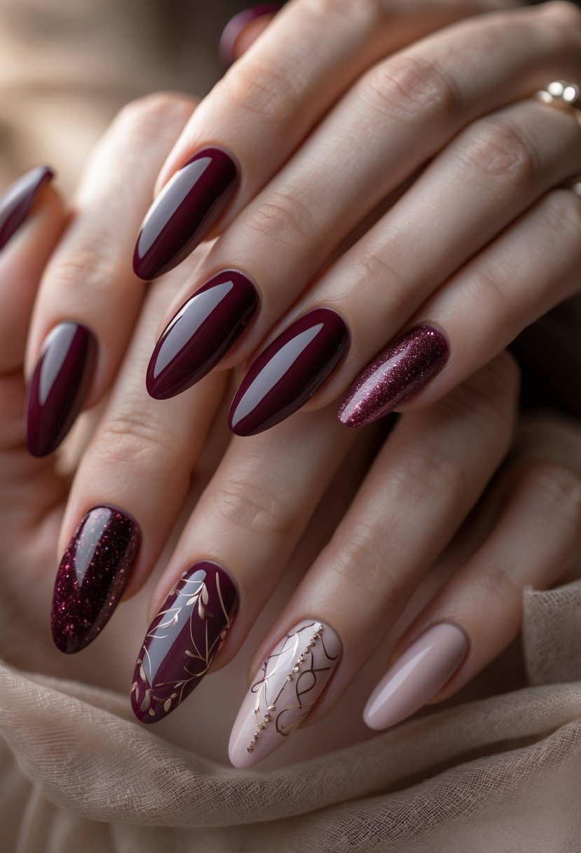 Close-up of hands showing eight different maroon and burgundy nail designs.