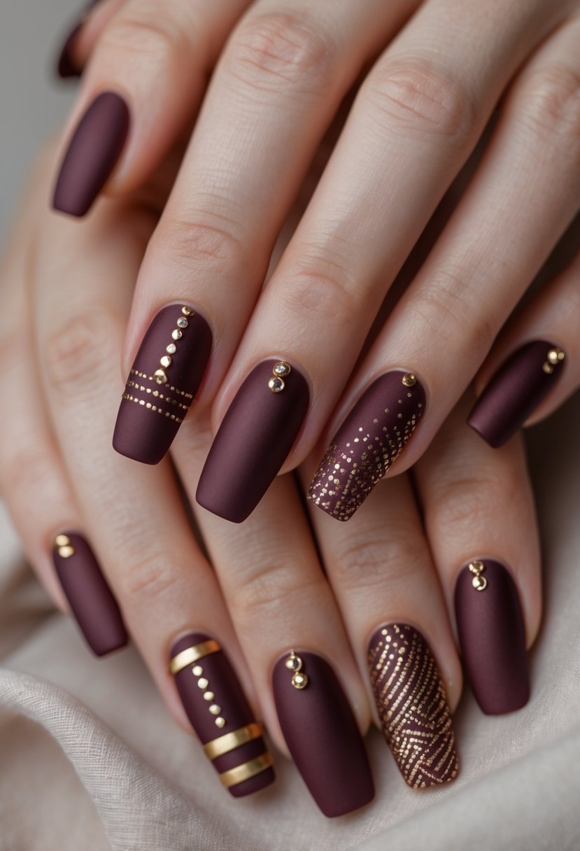 Close-up of hands displaying eight maroon nails with gold accents on a neutral background.