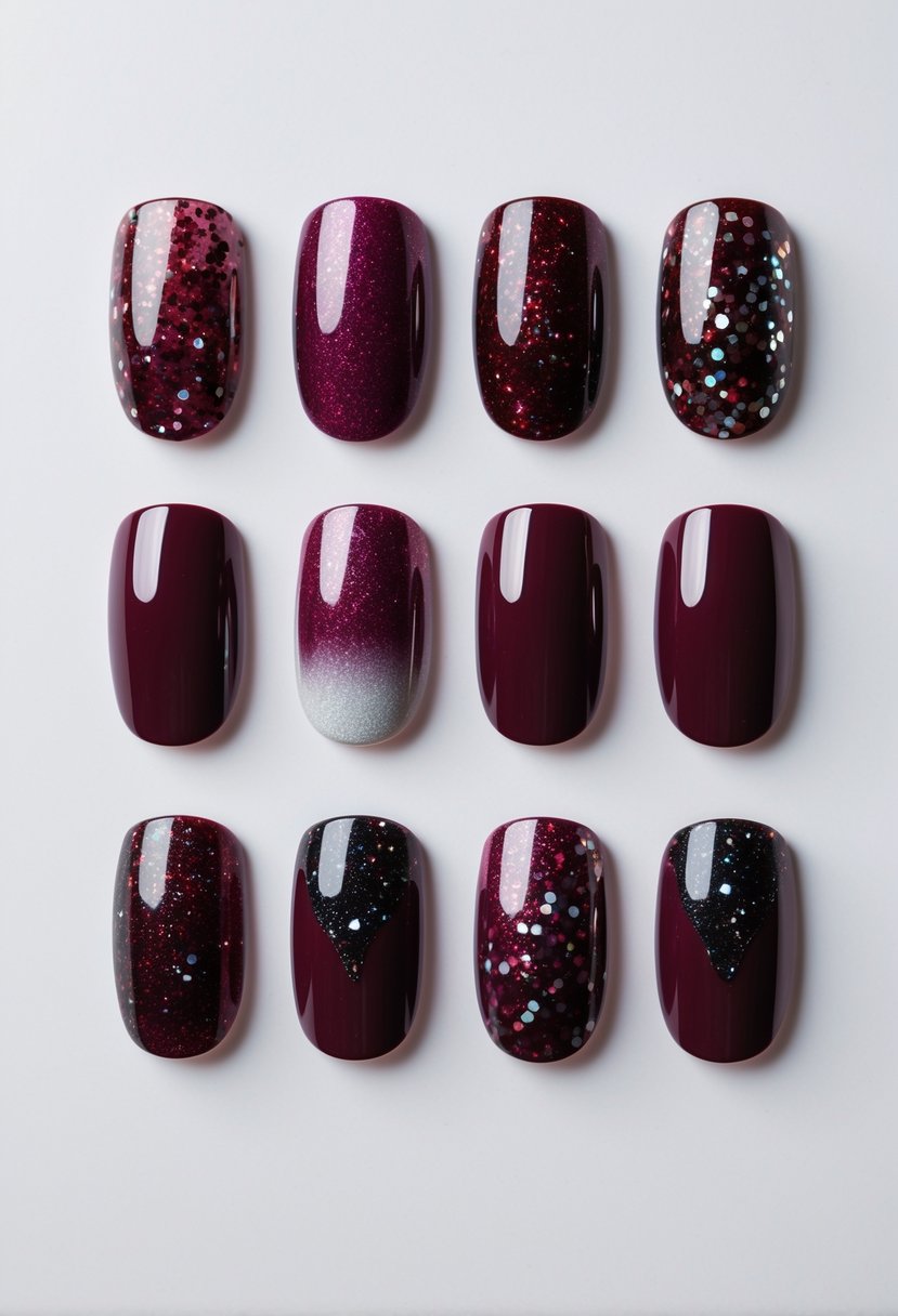 Eight maroon and burgundy nails with glittery and ombre designs displayed on a white background.