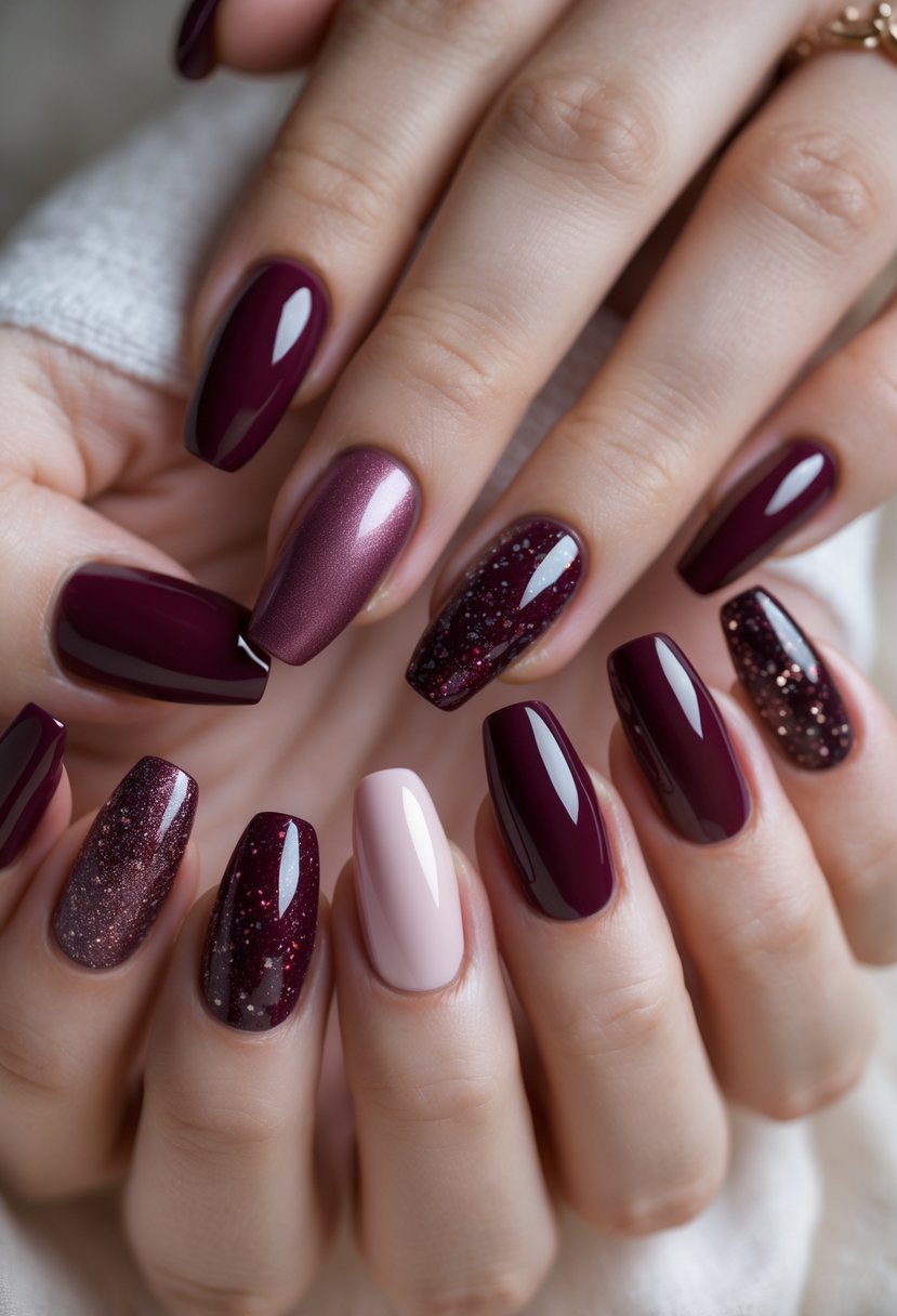 Eight hands displaying different maroon and burgundy nail designs with various finishes and patterns.