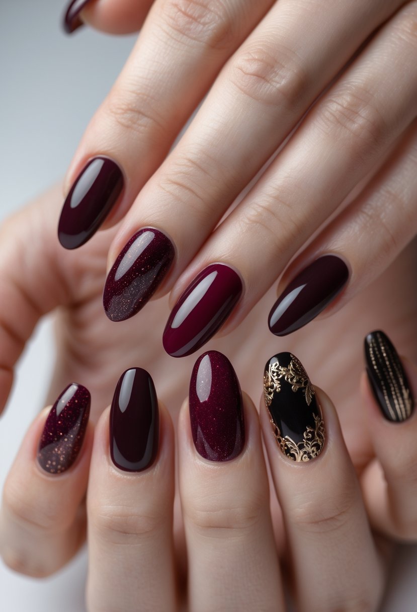 Five hands displaying different dark red and burgundy nail designs on a neutral background.