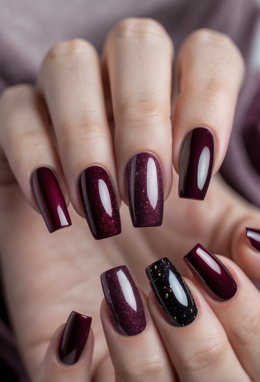Close-up of hands with square-shaped nails painted in various dark red and burgundy chrome designs.