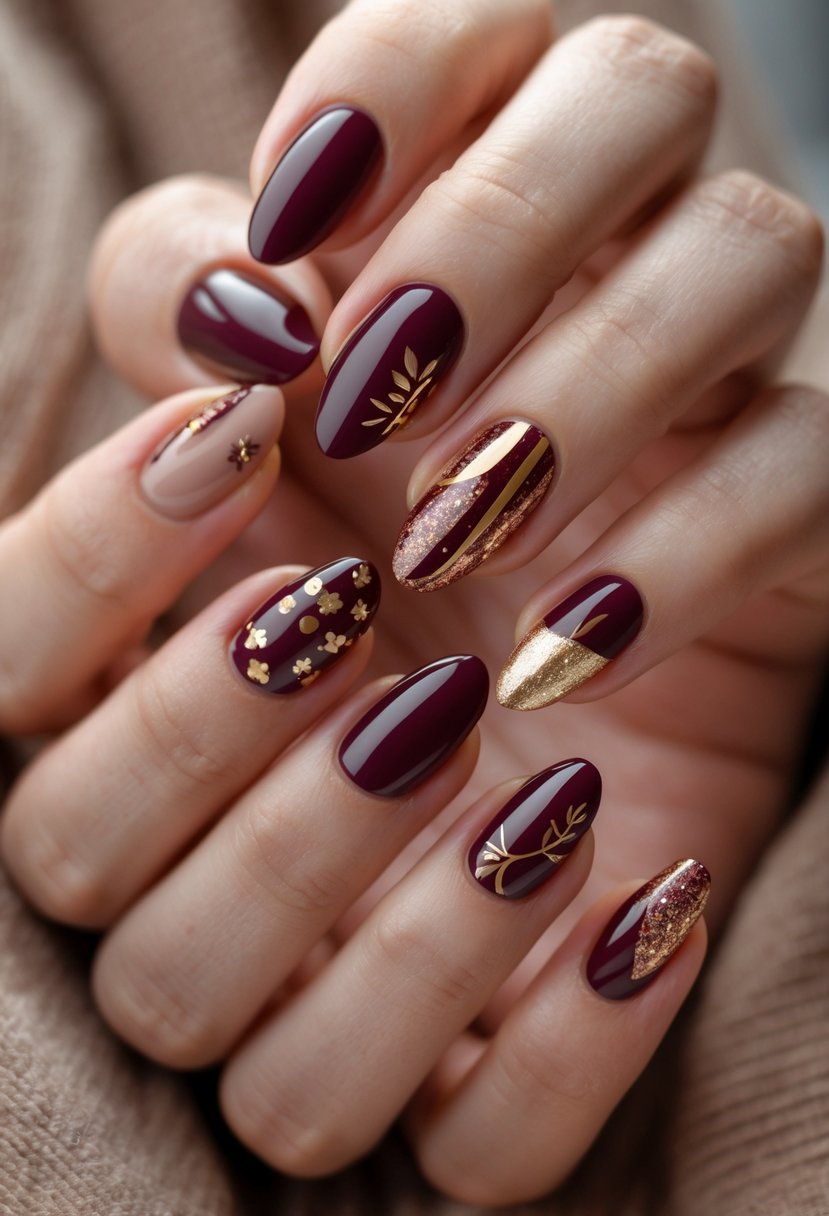 Six hands showing different burgundy nail designs with fall-themed decorations.