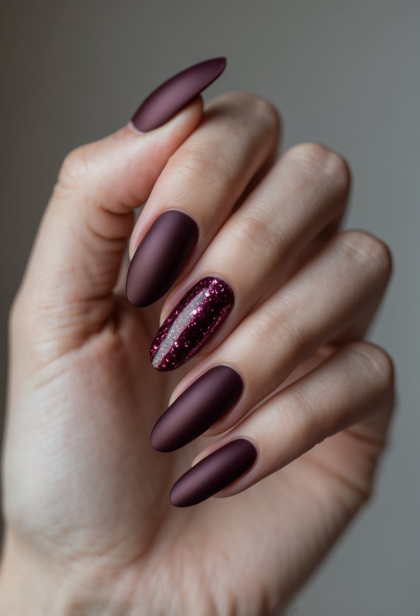 Close-up of a hand with five fingers showing dark red matte nails with subtle glitter accents.