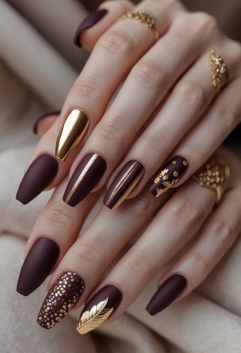 Close-up of a woman's hands showing six different burgundy nails with gold accents.