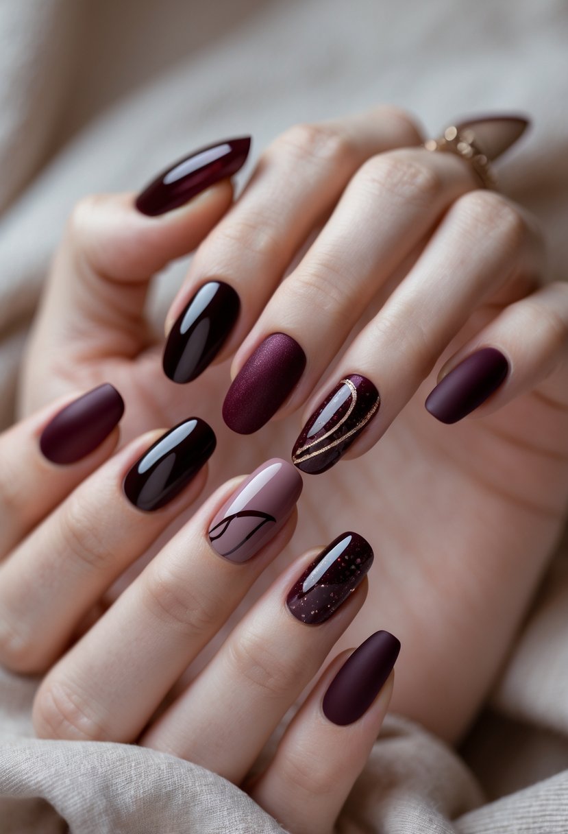 Close-up of five hands with dark red burgundy nail designs, each showing different nail art styles.