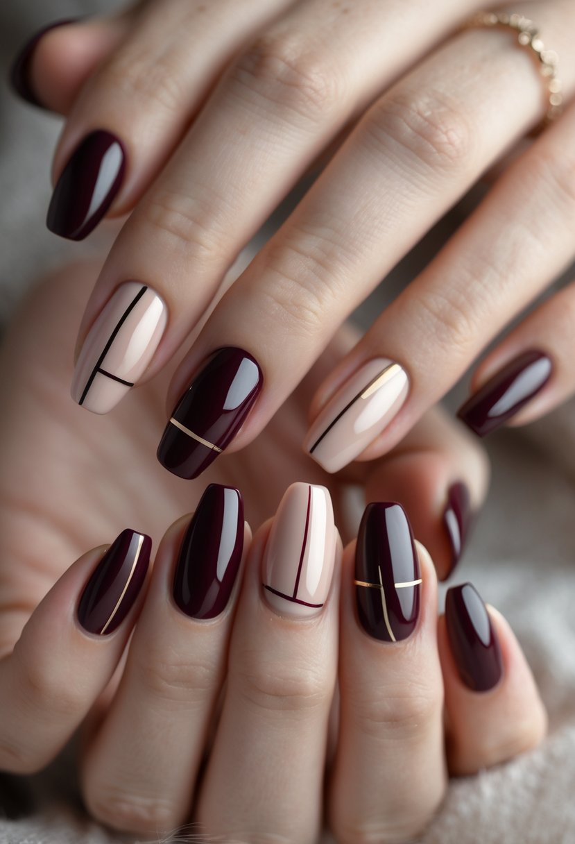 Close-up of six hands showing deep burgundy nails with simple line designs on a neutral background.