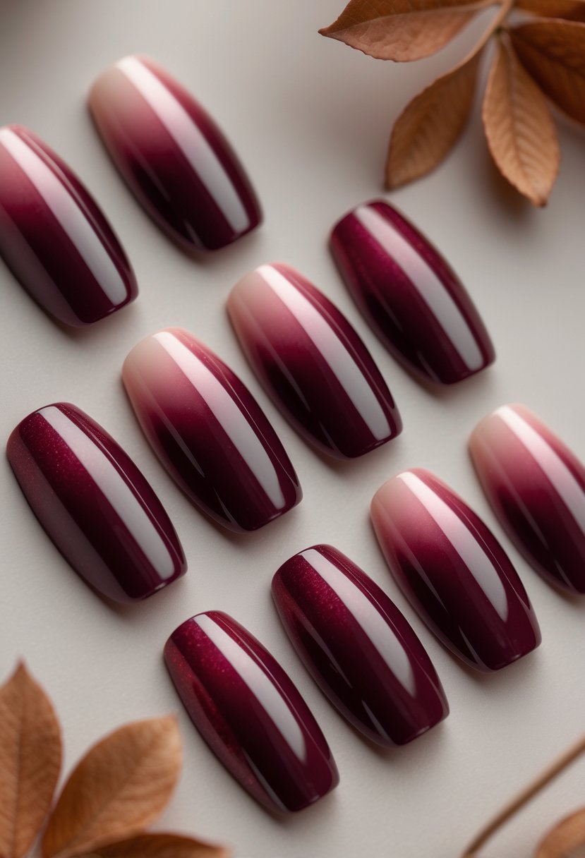 Six neatly arranged nails displaying a gradient from deep burgundy to soft pink on a neutral background.