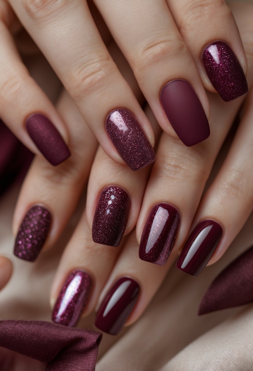 Close-up of six hands displaying burgundy nails with subtle sparkling details arranged against a neutral background.