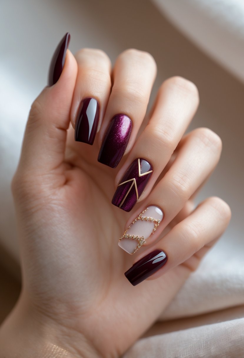 Close-up of a hand showing five square-shaped burgundy nails with different designs.