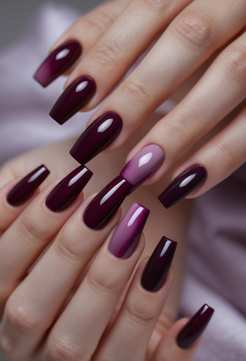 Five hands showing deep burgundy square nails with sharp tips and different nail designs.
