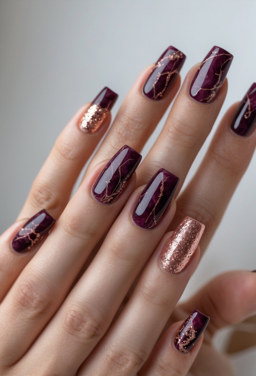 Close-up of a hand showing five square-shaped nails with burgundy marble and rose gold glitter designs.