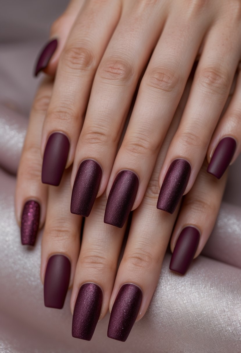 Close-up of five hands showing square-shaped burgundy nails with subtle sparkle.