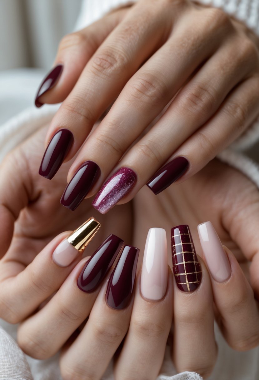 Five hands with square-shaped burgundy nails displaying different nail designs against a neutral background.