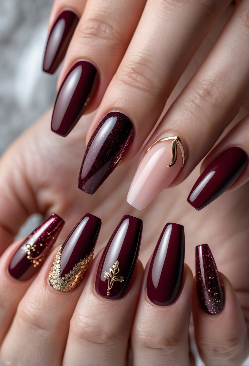 Six coffin-shaped nails painted in different burgundy designs on well-manicured hands.