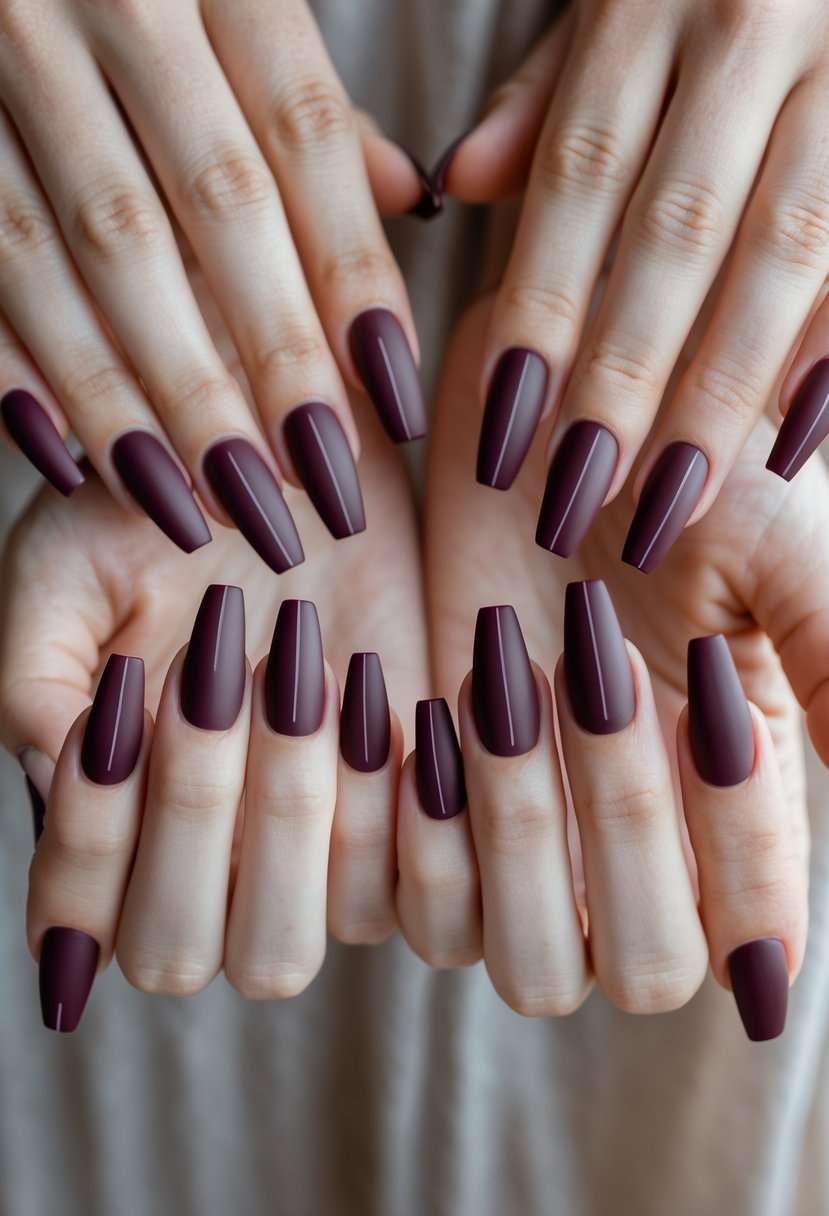 Six hands with matte burgundy coffin-shaped nails featuring subtle white line designs.