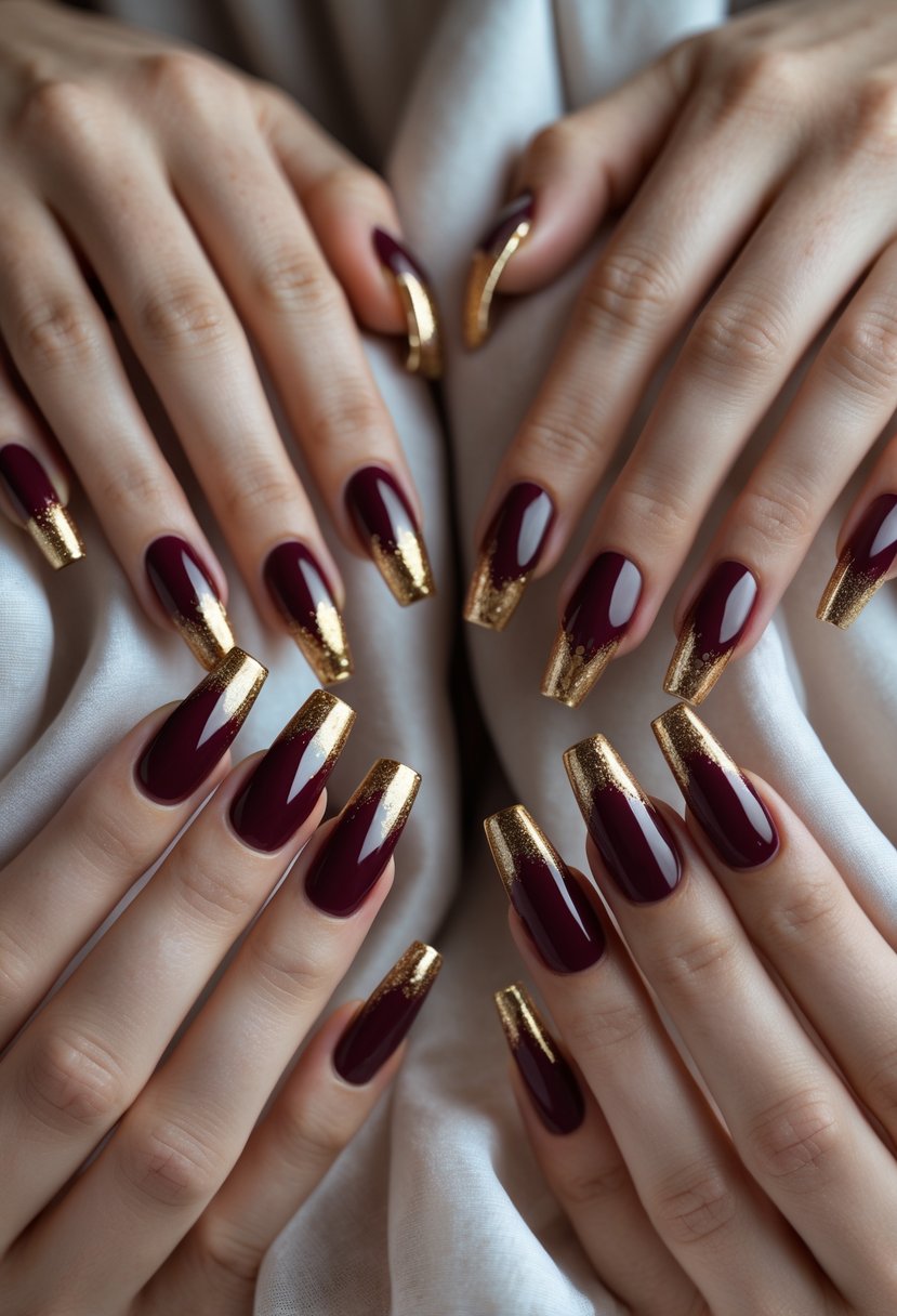 Six hands with burgundy coffin-shaped nails featuring shimmery gold tips arranged against a neutral background.