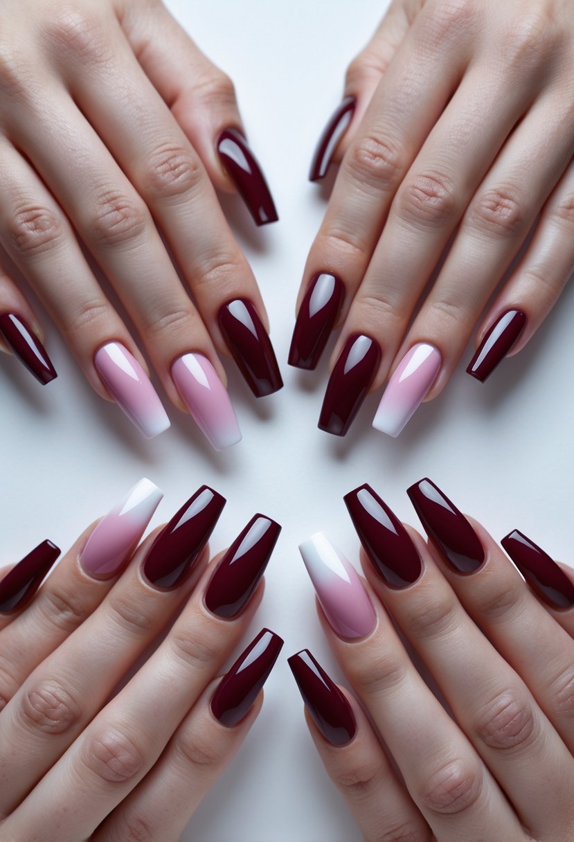 Six hands with coffin-shaped nails painted in burgundy ombre shades displayed against a neutral background.